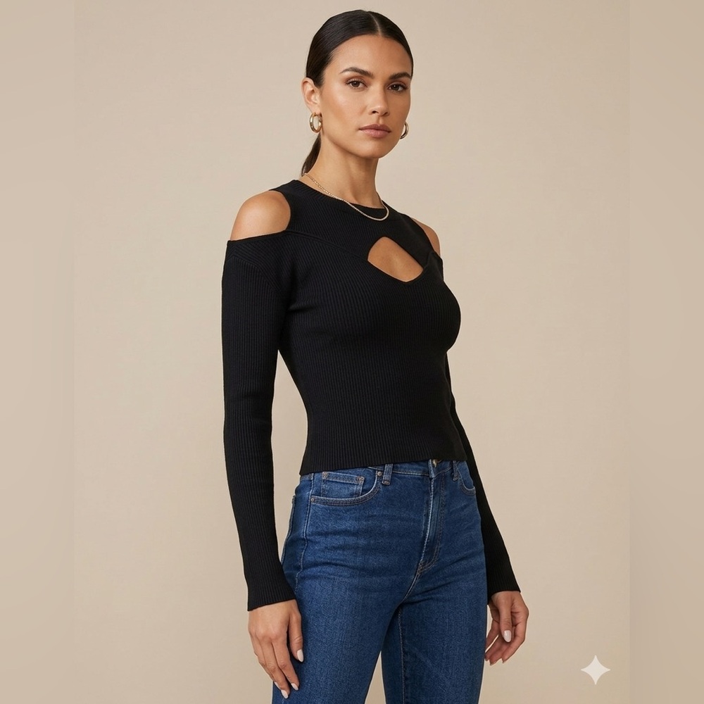 STEVE MADDEN Black Skylar Ribbed Cold Shoulder Cutout Sweater Size M Slimming